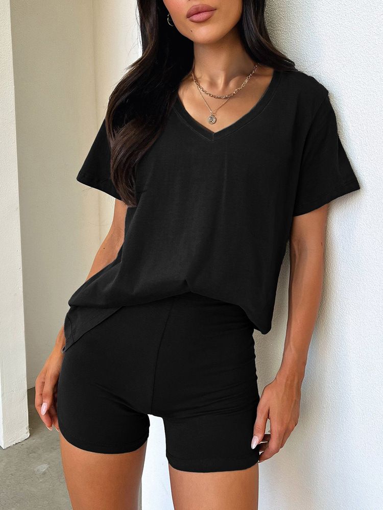 Women's Short Sleeve V Neck Casual Solid Color Fashion Suit Relaxed Everyday Wear Versatile Comfortable Feshion Trend_ecoleips.com