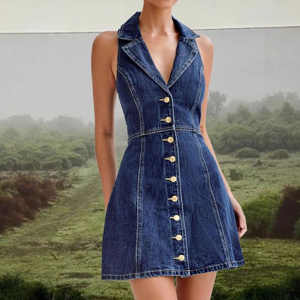2025 Spring/Summer New Vintage V-neck Patchwork A-line Waist-cinching Buttoned Sleeveless Denim Dress For Women_ecoleips.com