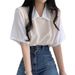 Summer Preppy Style Women's Color Block Polo Collar Top Faux Two Piece Short Sleeve T-Shirt Lazy Loose Casual Versatile_ecoleips.com