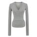 Women's Tencel V-Neck Button-Down Long Sleeve T-Shirt – Korean Style Henley Collar Fitted Top_ecoleips.com