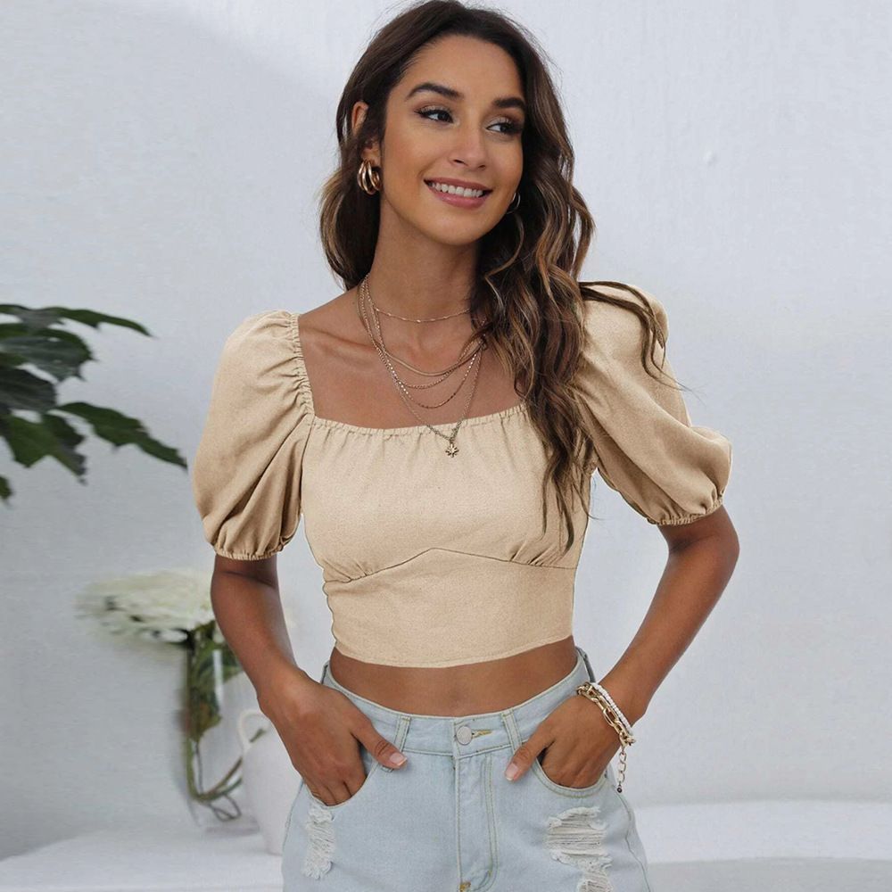 Voya Women's Spring/Summer New Style Square Collar Lantern Sleeve Solid Color Bareback Strap T-shirt Casual Short Top For Women_ecoleips.com