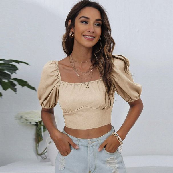 Voya Women's Spring/Summer New Style Square Collar Lantern Sleeve Solid Color Bareback Strap T-shirt Casual Short Top For Women_ecoleips.com
