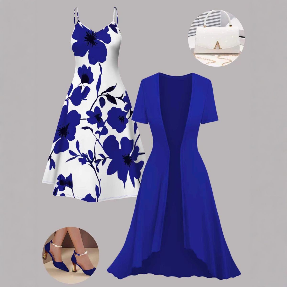 Plus Size Women's Floral Pattern Slip Dress And Long Cardigan Two Piece Set Elegant Spring/Autumn Clothing_ecoleips.com
