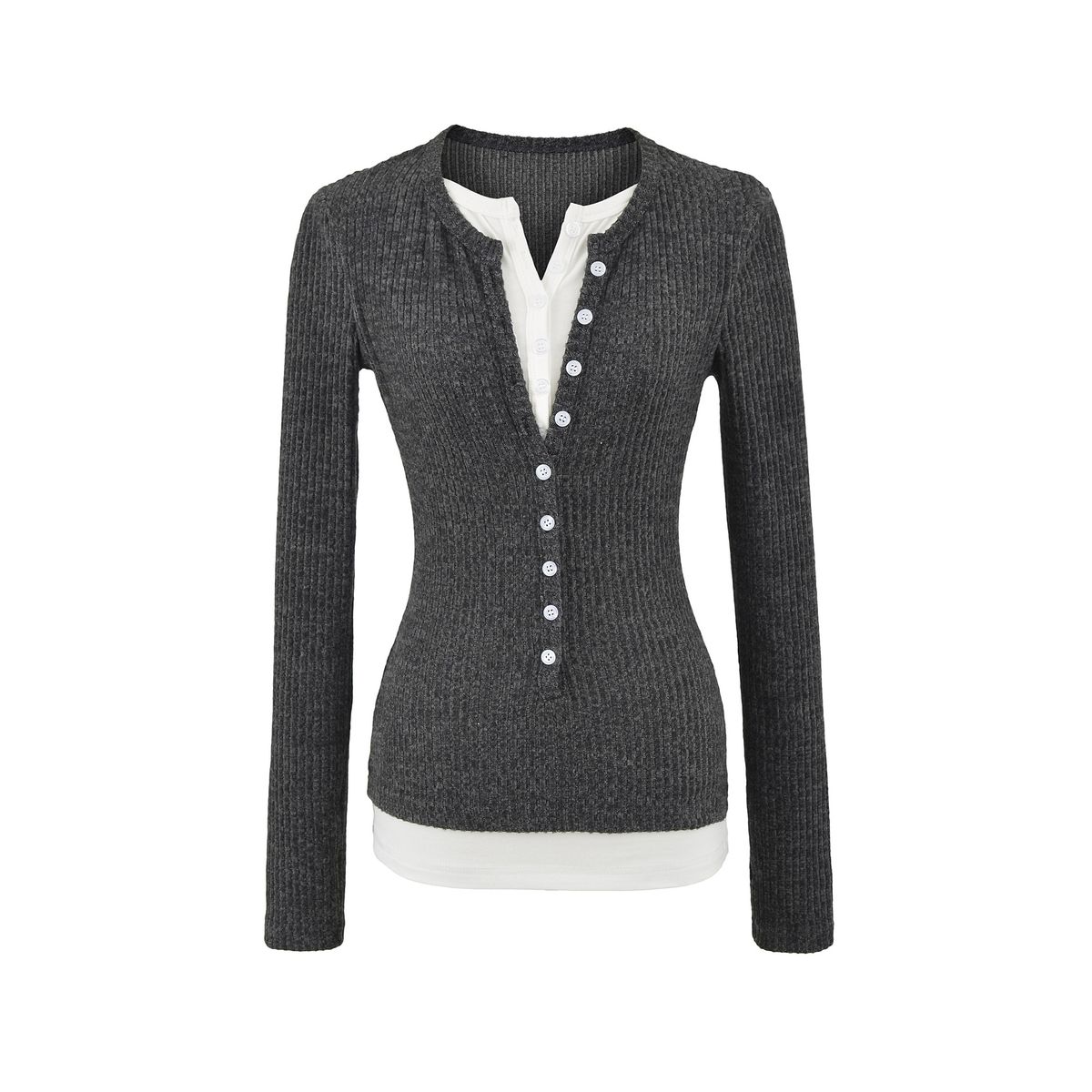 Women's Ribbed Henley Top Long Sleeve T-Shirt Korean Style Slim Fit Brushed Fabric Button Down Collar_ecoleips.com