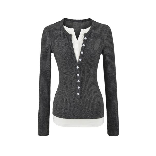 Women's Ribbed Henley Top Long Sleeve T-Shirt Korean Style Slim Fit Brushed Fabric Button Down Collar_ecoleips.com