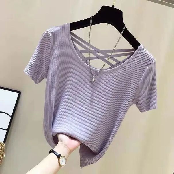 Women's Clothing Ice Silk Thread Short Sleeved T Shirt Women's Summer New Thin Slim Sexy Backless Top Bottoming Shirt_ecoleips.com