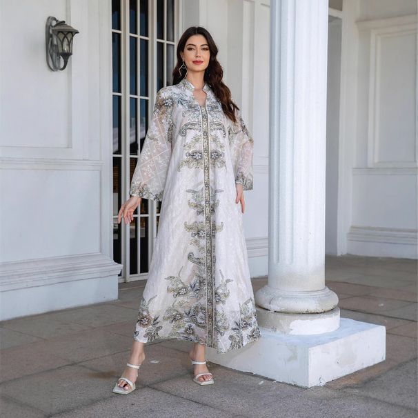 Women’s Clothing Muslim Stand Up Collar Ladies Robe Printed Diamond New Dress Abayas_ecoleips.com