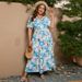 Women’s Clothing Large Size Loose V Neck Dress Women's Elastic Waist Short Sleeves Printed Long Skirt_ecoleips.com