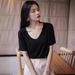 Black Slimming V-Neck Short-Sleeved T-Shirt For Women's Wear In Summer 2026. Casual, Loose, Off-The-Shoulder Top For Sli_ecoleips.com