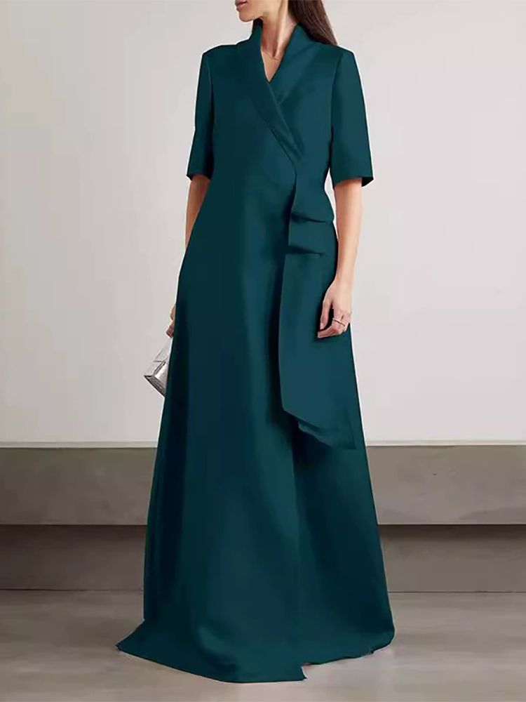 Summer Elegant Lapel V-neck Evening Dress Women's Casual Half Sleeved Commuting Long Dress Fashion Split Hight Waist Solid Dress_ecoleips.com