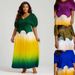 Women's Ruffle V-Neck Top & Gradient Maxi Skirt Set – Stretchy Crinkle Texture (One Size, Green/Yellow/Red/Blue)_ecoleips.com