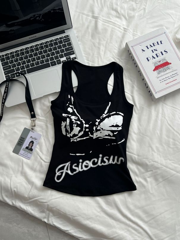 2025 Summer New American Style Letter Print Sleeveless For Women, Slim Fit Racerback Tank Top With Chest Pads_ecoleips.com