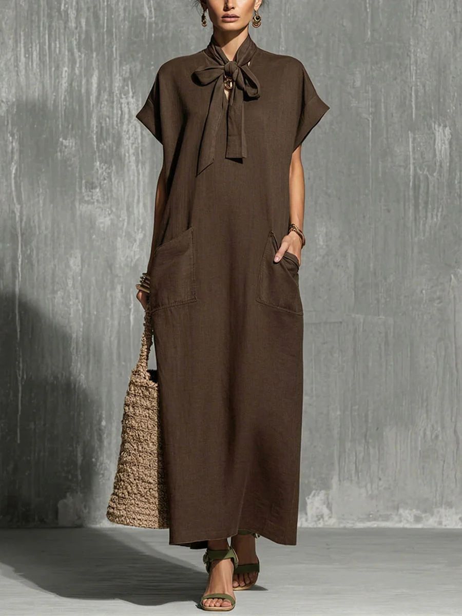 Bohemian V-Neck Belted Summer Dress – Oversized Flowy Midi Dress In Solid Colors (S-XXXL)_ecoleips.com