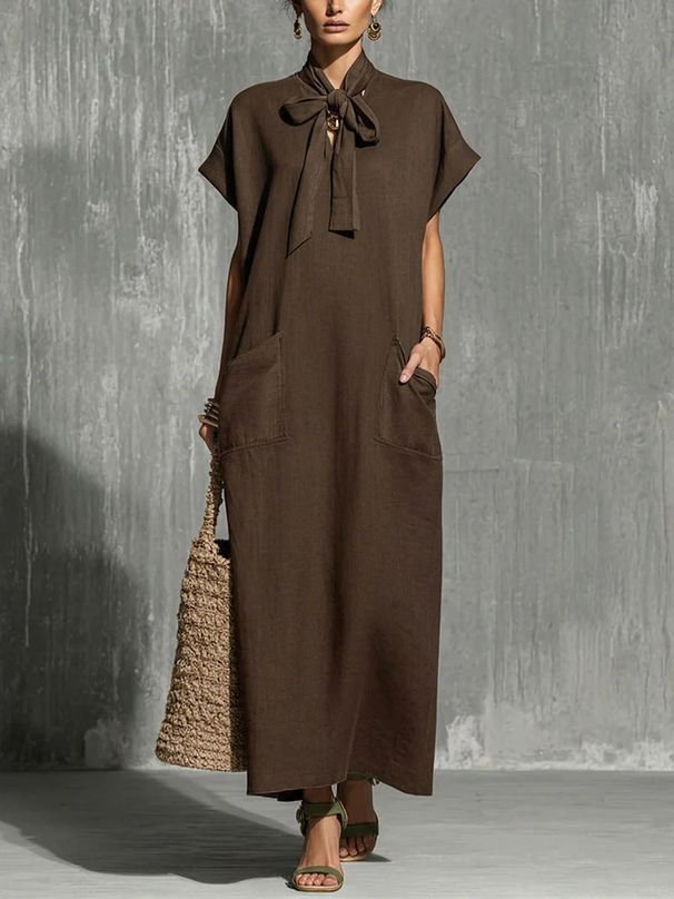 Bohemian V-Neck Belted Summer Dress – Oversized Flowy Midi Dress In Solid Colors (S-XXXL)_ecoleips.com