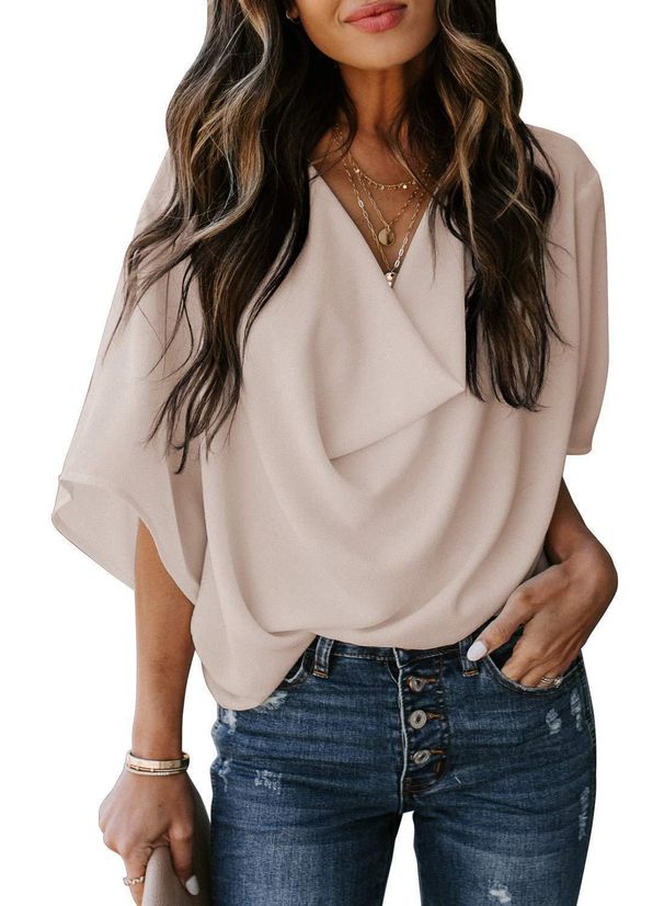 Annual Chiffon Shirt With Loose V-Neck Design, Casual Top, T-Shirt, Women's Clothing_ecoleips.com