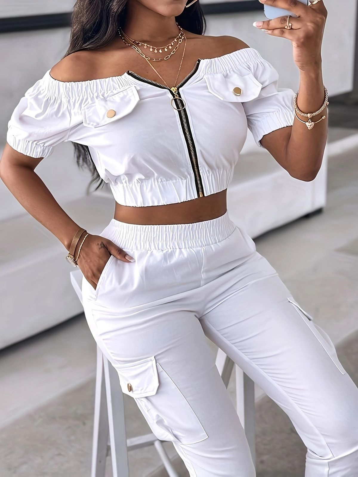 Women's Solid Color Off-Shoulder Raglan Top with Patch Pocket And Casual Jogger Pants Set Short-Sleeved Cross-Body Clothing_ecoleips.com
