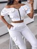 Women's Solid Color Off-Shoulder Raglan Top with Patch Pocket And Casual Jogger Pants Set Short-Sleeved Cross-Body Clothing_ecoleips.com