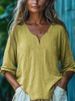 Women's Clothing Summer New Casual Loose Fashion Cotton And Linen Long Sleeved V Neck Solid Color Tops_ecoleips.com