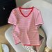 Women's Clothing Summer Style Women's T-Shirt V Neck Striped Short Sleeve Ice Silk Knit Fashionable Top For Ladies_ecoleips.com