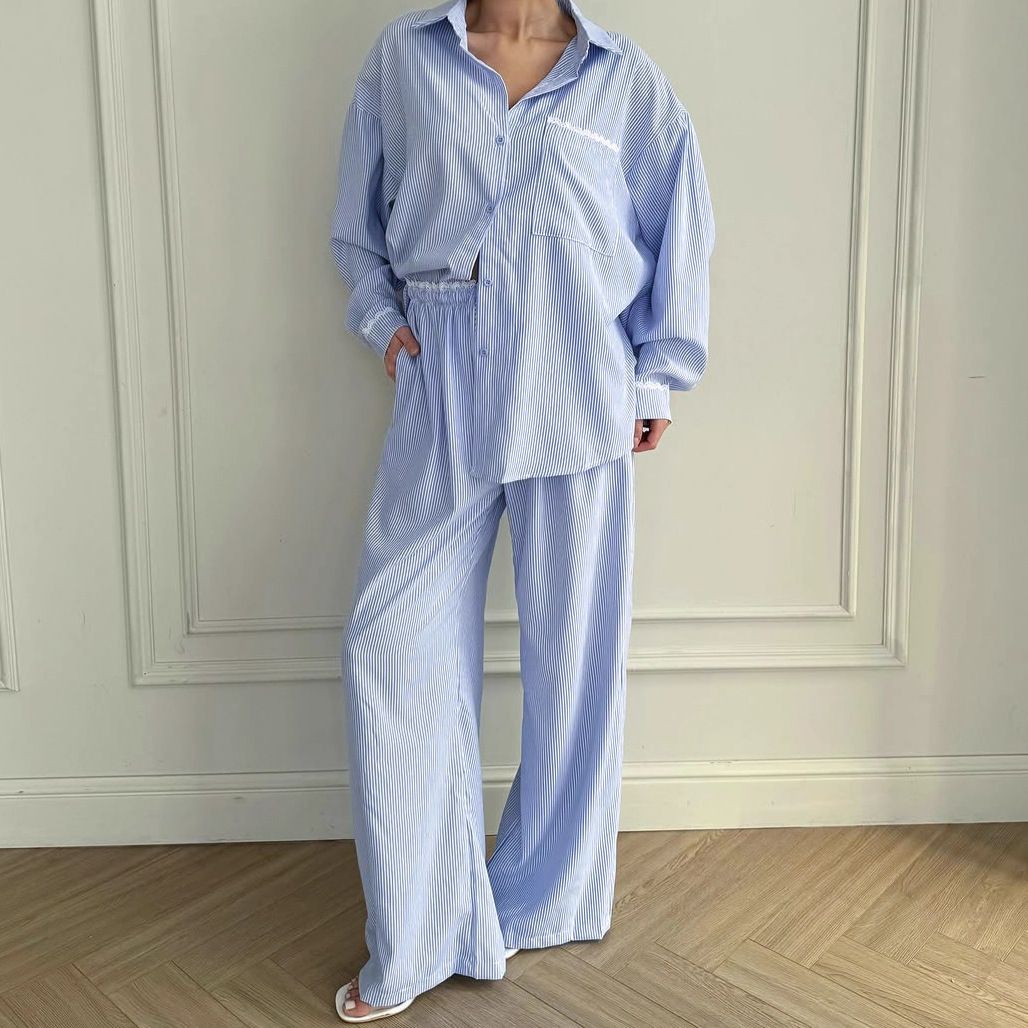 Autumn New Striped Sleeve Long Pants Lace Loose Wearable Pajamas Two-Piece Set European And American Homewear For_ecoleips.com