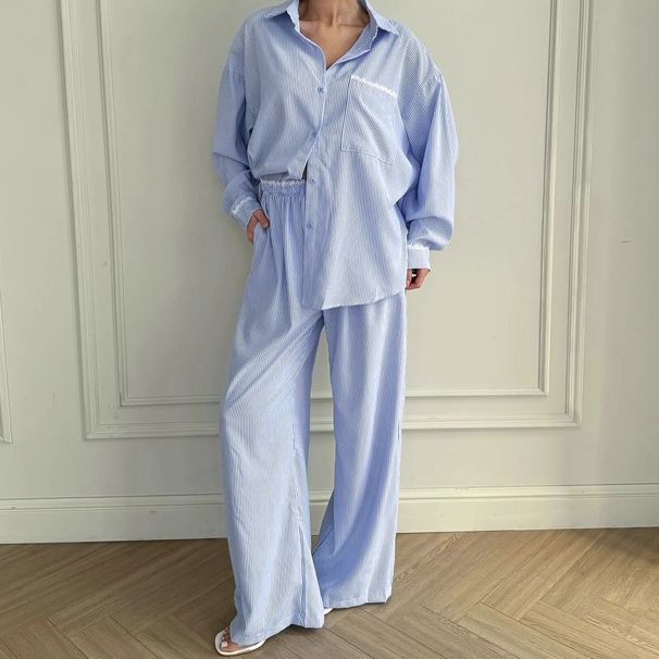 Autumn New Striped Sleeve Long Pants Lace Loose Wearable Pajamas Two-Piece Set European And American Homewear For_ecoleips.com