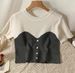 Short Sleeved Round Neck Stitching Knitted T Shirt Female Design Niche Puff Sleeve Short Top Two Piece Set_ecoleips.com