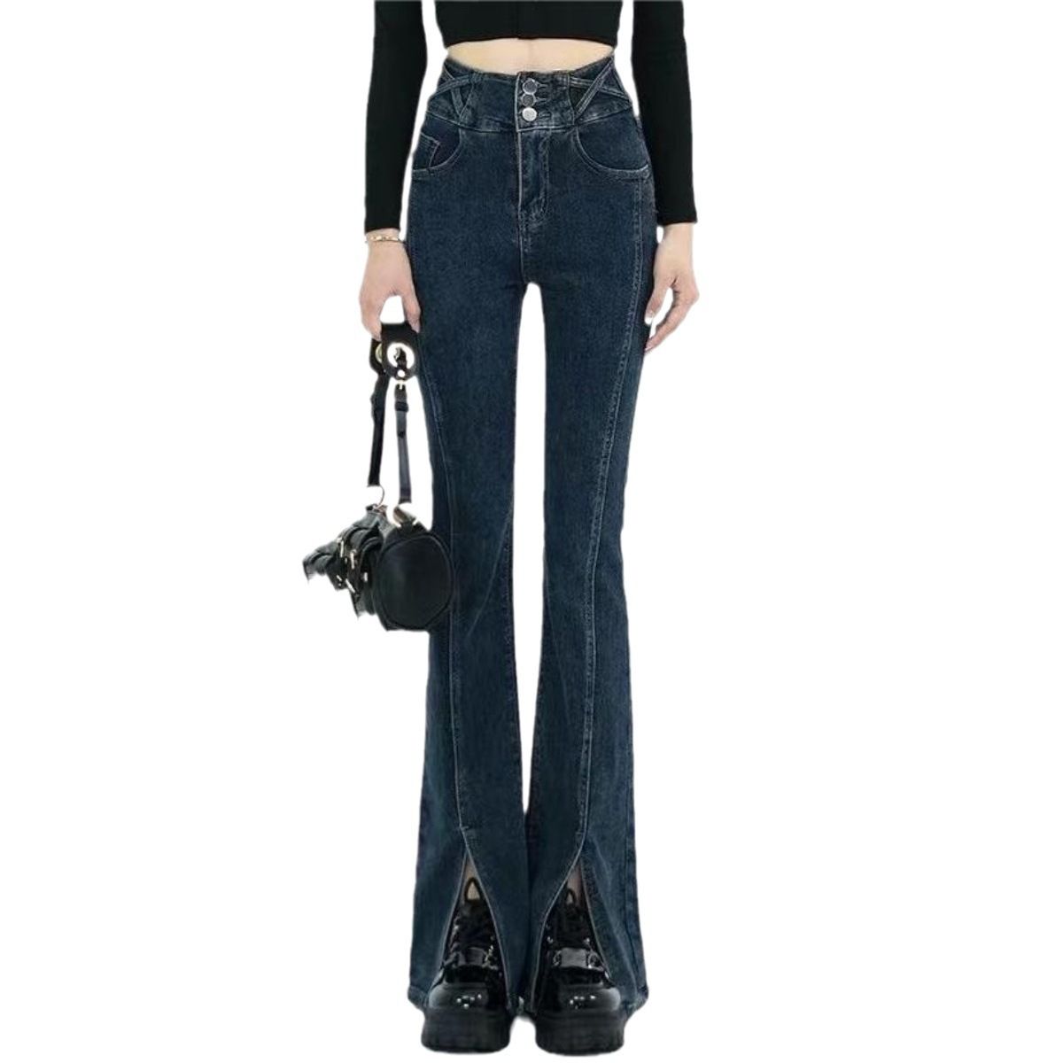 Women's Stretch Denim Pants, Slim Fit With Front Seam & Diagonal Slit Detail For A Flattering Look, Trendy Flared Bootcut Jeans_ecoleips.com