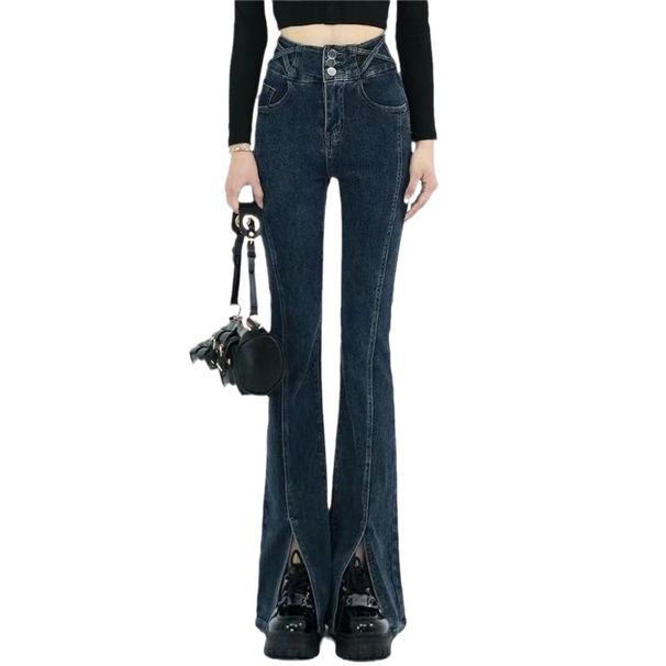 Women's Stretch Denim Pants, Slim Fit With Front Seam & Diagonal Slit Detail For A Flattering Look, Trendy Flared Bootcut Jeans_ecoleips.com