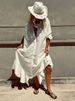 Fashion Solid Hollow Out Jacquard Maxi Dress Women Sexy V Neck Button Ruffle Long Dress Spring Long Sleeve Loose Slit Boho Dress_ecoleips.com