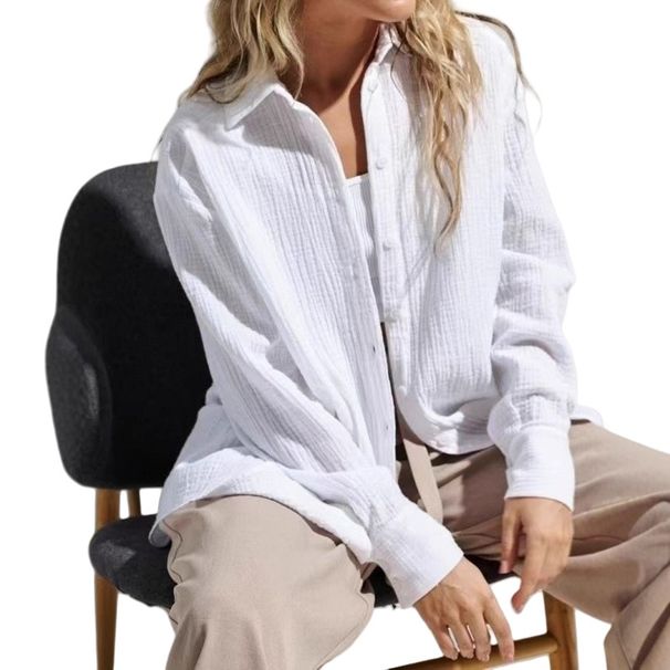 Long-Sleeved Cotton Crepe Shirt For Autumn Season, Comfortable And Loose-Fitting, Suitable As A Blouse Or Shawl_ecoleips.com
