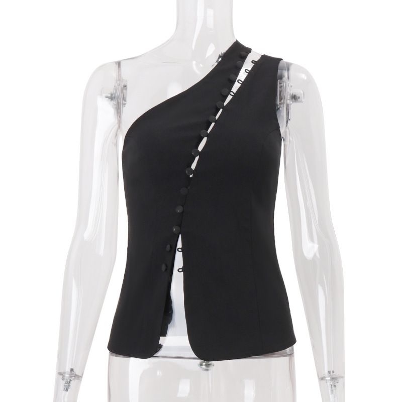 Women's Sleeveless Vest Fashionable Design Slanted Neck Hook Button Spring New Style Clothing_ecoleips.com