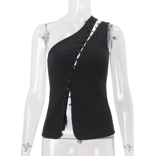 Women's Sleeveless Vest Fashionable Design Slanted Neck Hook Button Spring New Style Clothing_ecoleips.com