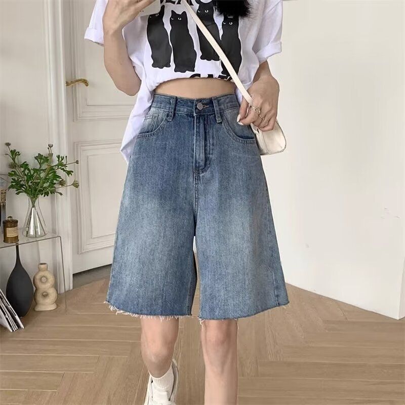 Women's High Waist Distressed Denim Shorts - Summer Blue Ripped Casual Boho Shorts With Stretch Mid-Length Loose Fit Capri Pants For Women_ecoleips.com
