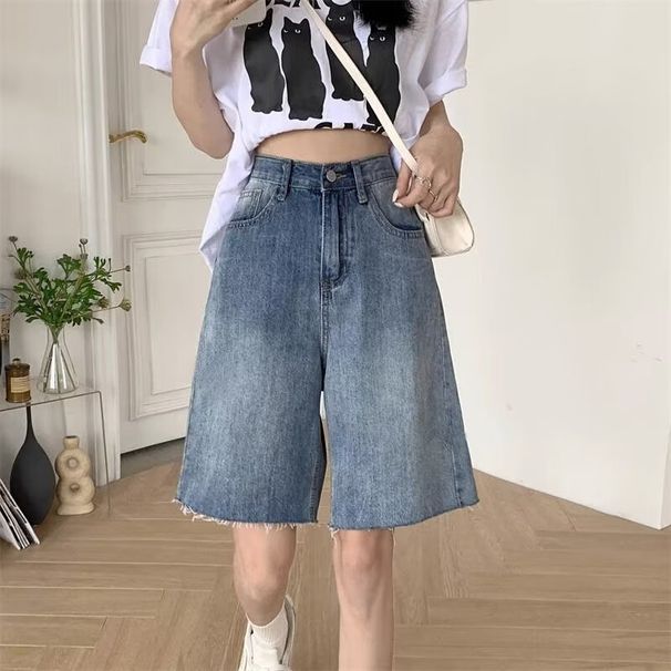Women's High Waist Distressed Denim Shorts - Summer Blue Ripped Casual Boho Shorts With Stretch Mid-Length Loose Fit Capri Pants For Women_ecoleips.com