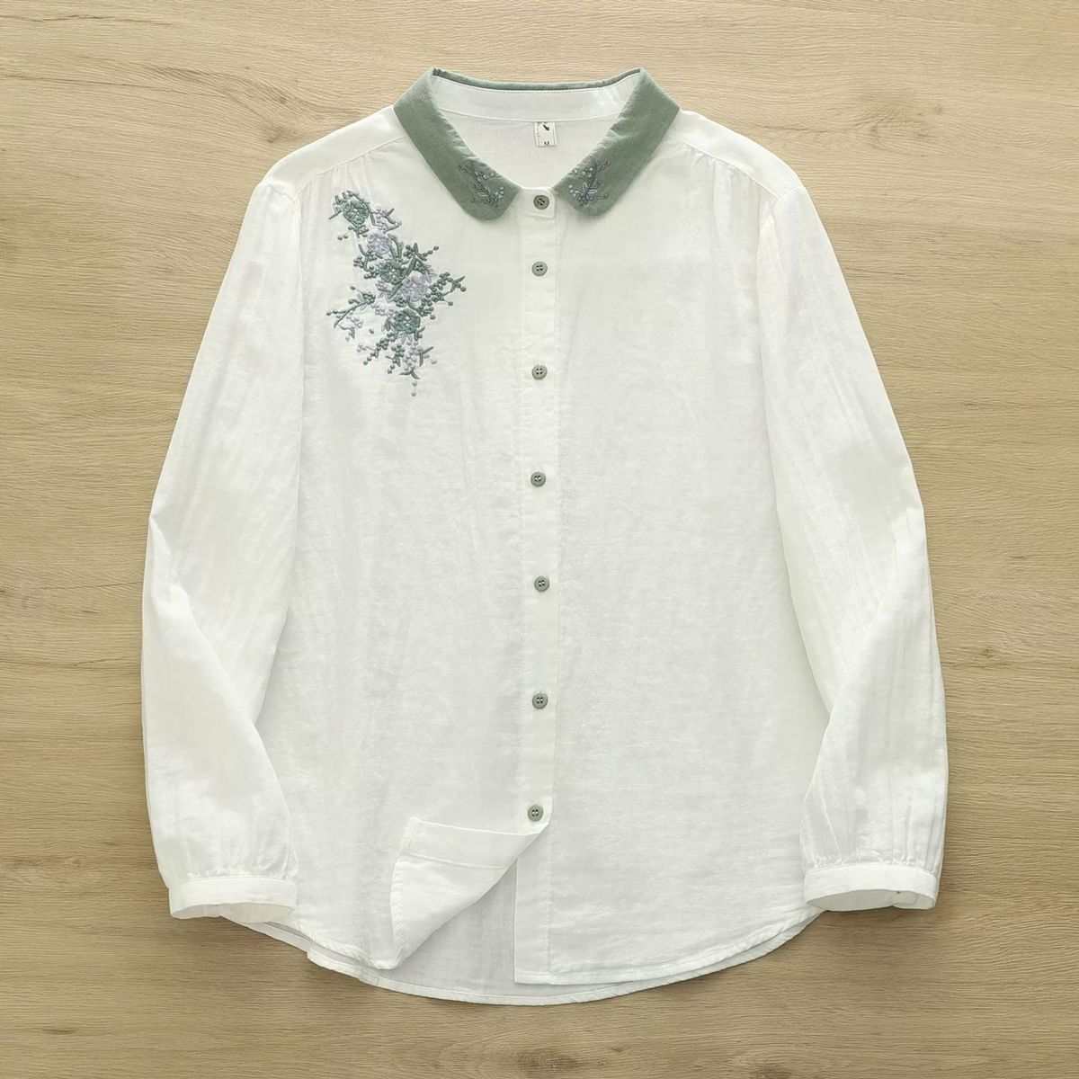 Double-Layer Cotton Yarn Long-Sleeved Shirt Women's Autumn Vintage Artistic Embroidered Collar Soft Skin-Friendly Breath_ecoleips.com