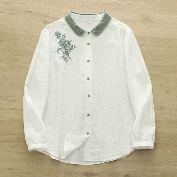 Double-Layer Cotton Yarn Long-Sleeved Shirt Women's Autumn Vintage Artistic Embroidered Collar Soft Skin-Friendly Breath_ecoleips.com