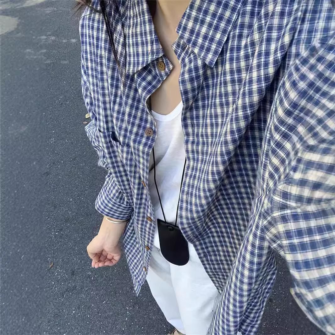Women’s Clothing Retro Blue Long Sleeved Plaid Shirt For Women In Early Autumn Lazy Style Tops Casual Plaid Jacket Loose Outer Shirt_ecoleips.com