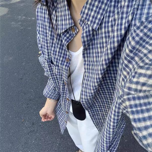 Women’s Clothing Retro Blue Long Sleeved Plaid Shirt For Women In Early Autumn Lazy Style Tops Casual Plaid Jacket Loose Outer Shirt_ecoleips.com