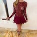 Women Elegant Long Sleeve Mini Dress, Classic Crew Neck, Hollow‑Out Lace Patchwork, Ruffle Hem Detail, Slim‑Fit Silhouette_ecoleips.com