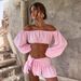 Women's Clothing Off The Shoulder Puff Sleeve Short Top Wrap Style Ruffled Skirt Set Summer New Set_ecoleips.com