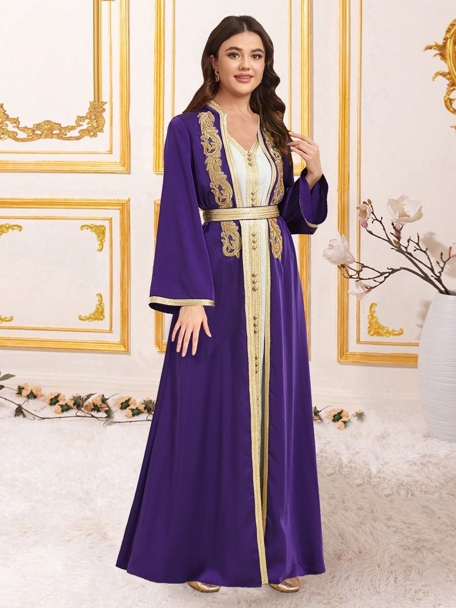 Middle Eastern Women's Muslim Beaded Lace Dress Two Piece Set Long Robe Skirt Abaya New Style Cross Border In Stock_ecoleips.com