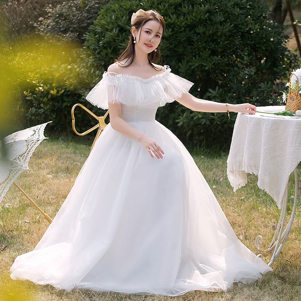Lightweight Off-The-Shoulder Wedding Dress French White Simple Princess Style Mori Girl Suitable For Outdoor Travel Photography_ecoleips.com