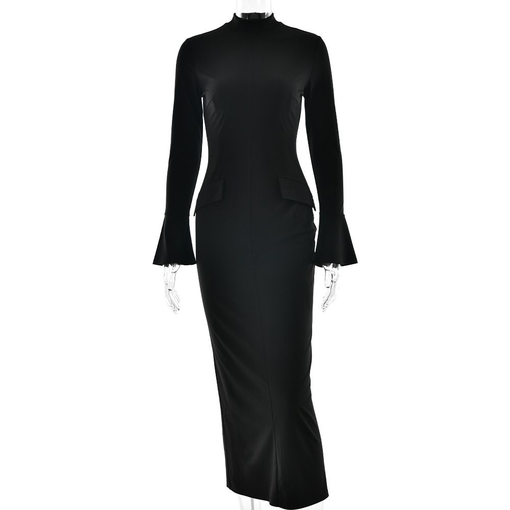 Women's New Crew Neck Flare Sleeve High Slit Slim Fit Bodycon Maxi Dress_ecoleips.com