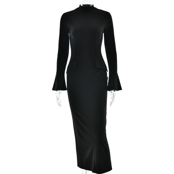 Women's New Crew Neck Flare Sleeve High Slit Slim Fit Bodycon Maxi Dress_ecoleips.com