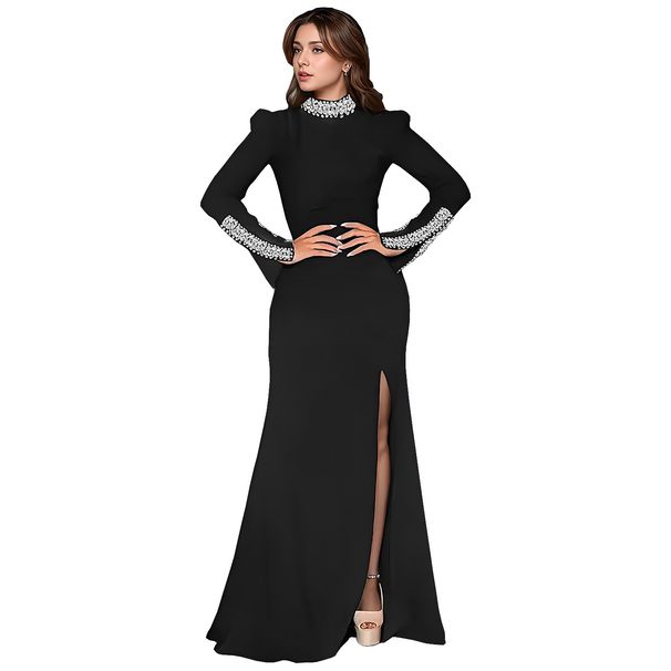 Women's Clothing Solid Color Long Sleeved Hot Diamond Slit Dress_ecoleips.com
