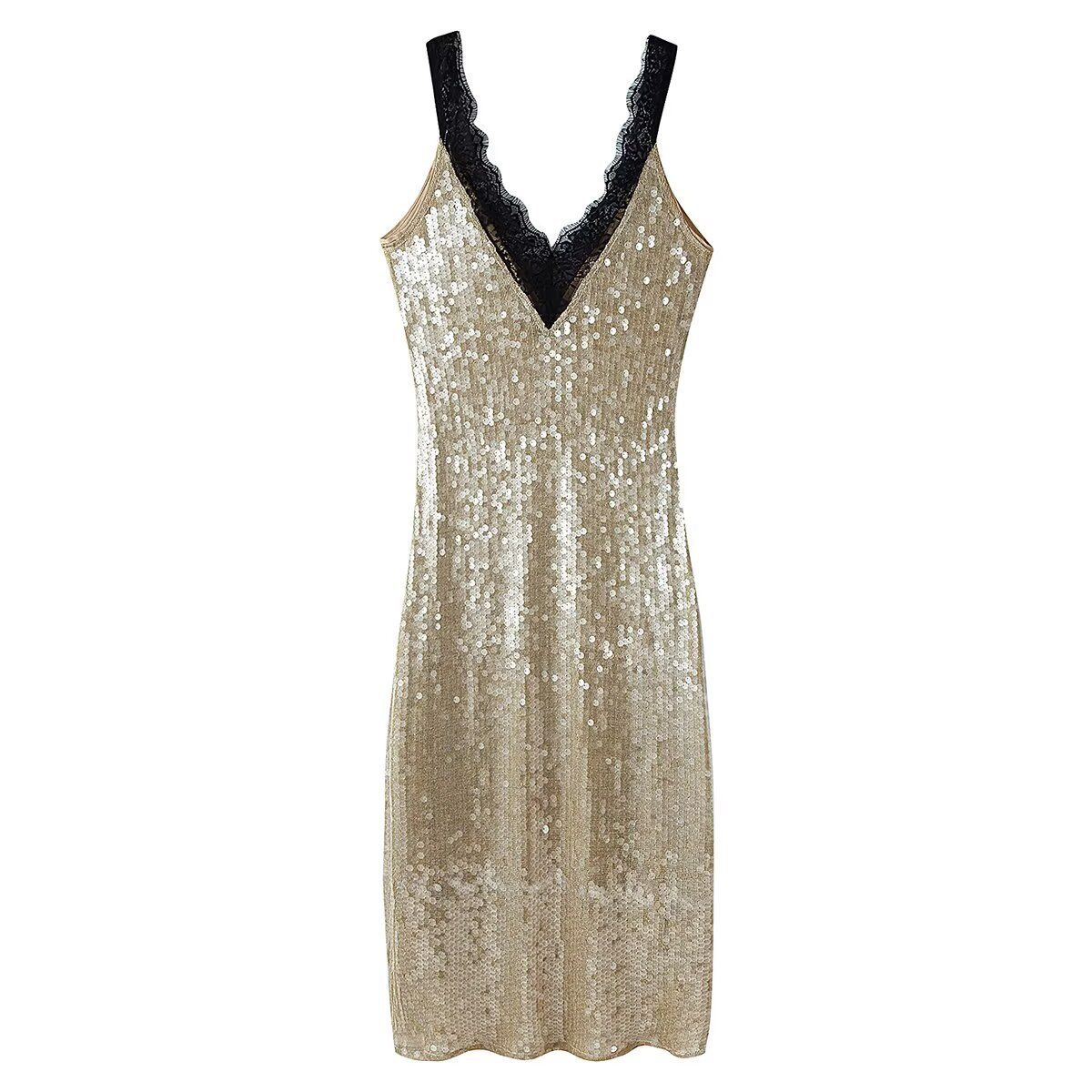 Women's Sequin & Lace Party Dress – Glamorous Bodycon Midi Dress With Sheer Sleeves For Evening & Special Occasions_ecoleips.com