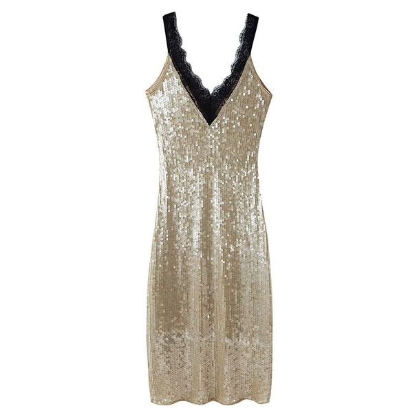 Women's Sequin & Lace Party Dress – Glamorous Bodycon Midi Dress With Sheer Sleeves For Evening & Special Occasions_ecoleips.com