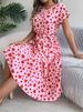 Elegant Heart Print Lace-up Dress Summer Women Round Neck Pleated Medium Long Dress_ecoleips.com