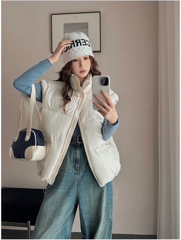 Aria Basics 2025 Cross-Border European And American New Women's Solid Color Zipper Pocket Cotton Vest Fashion Stand Collar Elegant_ecoleips.com