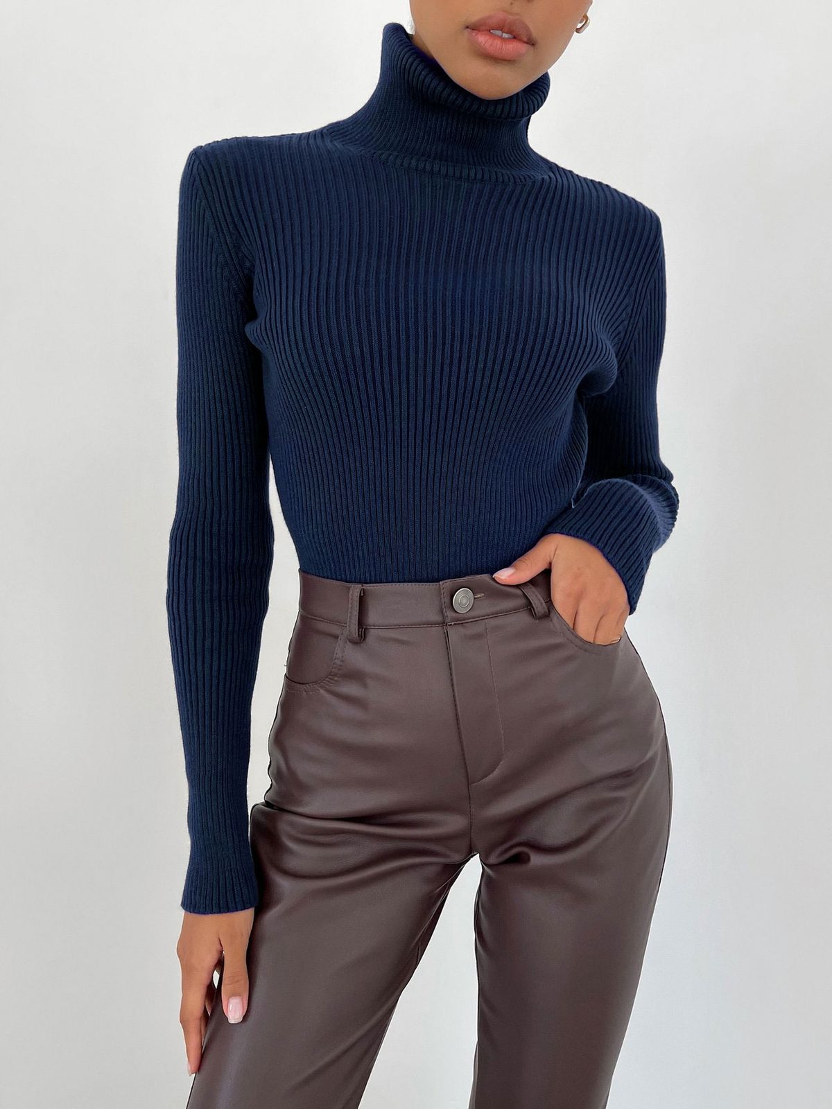 Women's High Neck Knit Sweater Slim Fit Long Sleeve Pullover Soft Viscose Blend Basic Casual Tops For Fall & Winter_ecoleips.com